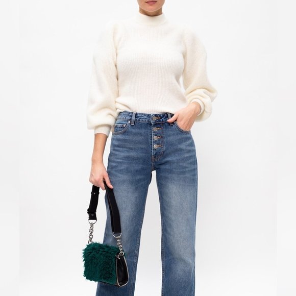 Ganni Alpaca Wool Sweater Mock Neck Balloon Puff Sleeve Yellow Cream XS - Picture 2 of 10